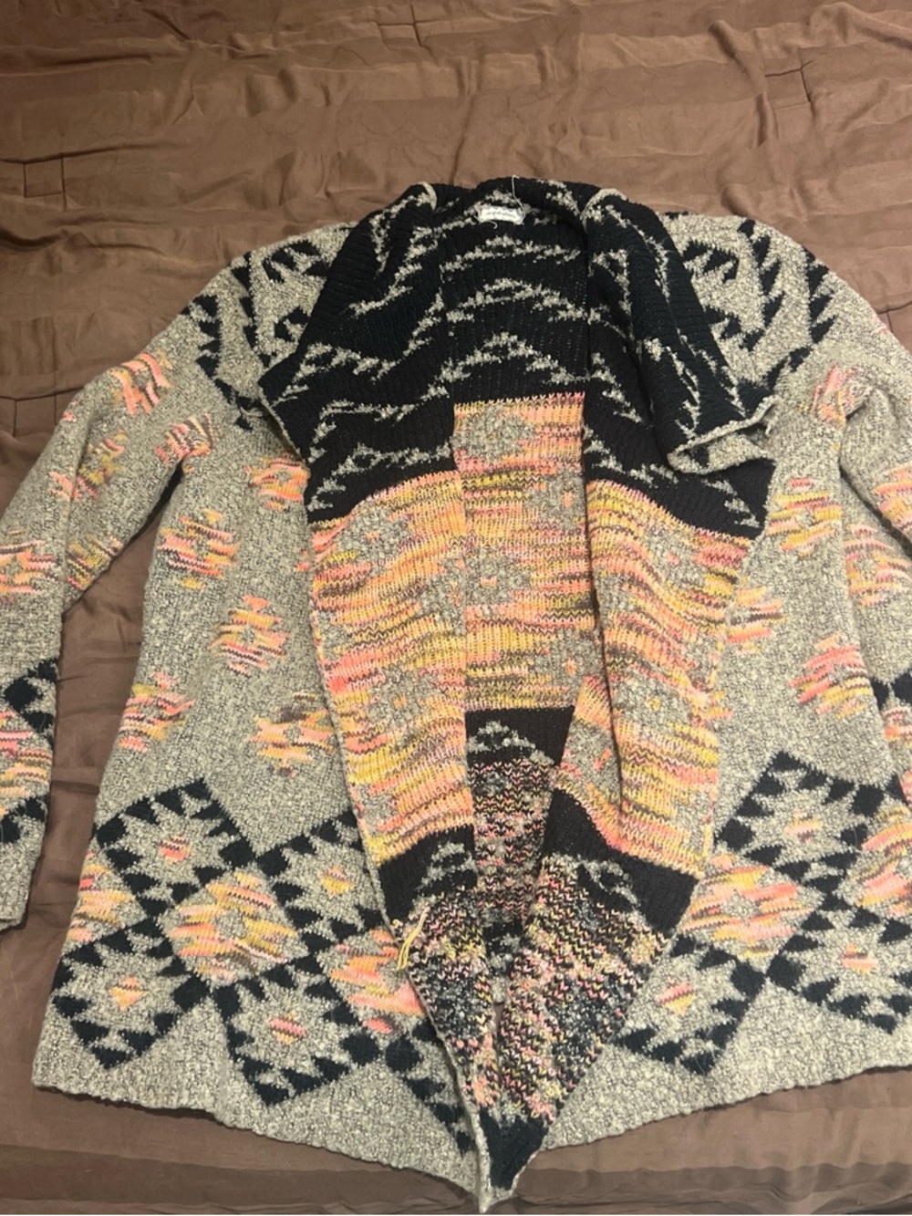 Open-Front Aztec Knit Cardigan Sweater - Gray with Pink & Orange Accents